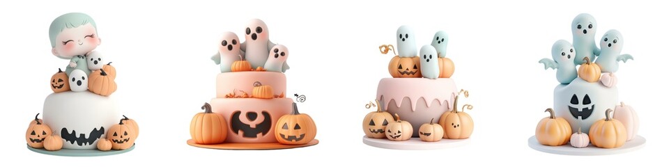 A whimsical set of Halloween-themed cakes adorned with cute ghosts, pumpkins, and pastel colors.