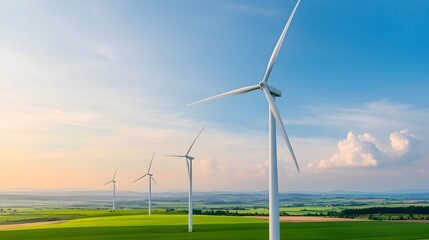 Obraz premium Spinning wind turbines on a sustainable farm with eco friendly agricultural practices generating clean renewable electricity for the community