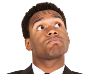 Confused businessman shrugging in professional attire for corporate use