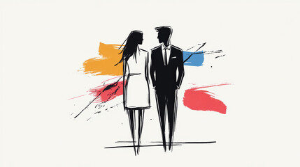 Fototapeta premium A man and woman stand facing each other, against a backdrop of colorful brushstrokes.