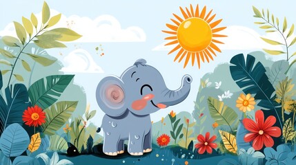 Obraz premium A cheerful cartoon elephant stands in a lush jungle setting, surrounded by vibrant flowers and leaves, with a bright sun shining overhead.