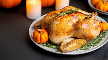 Beautifully set Thanksgiving dinner table with autumn themed decor including golden roasted turkey garnished with rosemary and pumpkins creating a cozy and festive atmosphere for a family gathering