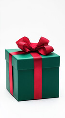 gift box. green gift box with red ribbon on isolated white background	