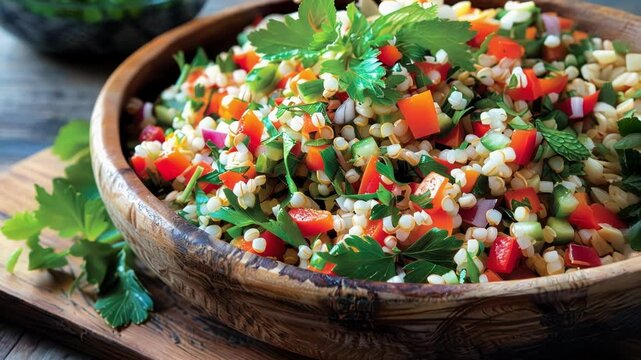 Vibrant wooden bowl filled with colorful tabbouleh salad bursting with fresh ingredients like parsley, mint, and bell peppers, creating a visually appealing and healthy vegetarian dish