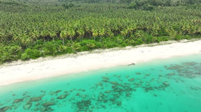 INDONESIA - 9.4.2024 - Great aerial footage circling the shoreline of Indonesia's palm tree-lined Mandel beach.