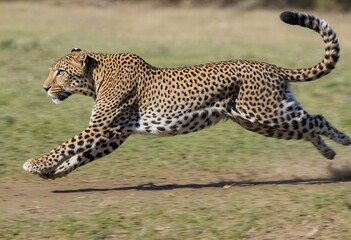 Fototapeta premium A powerful leopard gracefully leaps across the savanna with its spotted fur blending seamlessly with the surrounding landscape