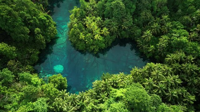 INDONESIA - 9.4.2024 - Gorgeous overhead view circling Indonesia's Paisu Pok Lake.