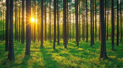 Obraz premium Sunlight streams through the tall trees of a pine forest, casting long shadows on the green undergrowth.
