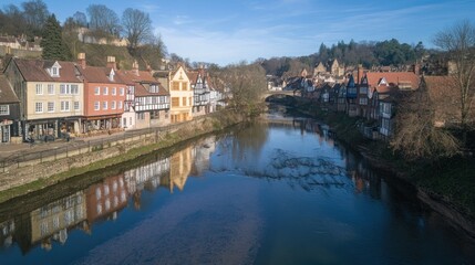 Fototapeta premium An aerial view of a picturesque river flowing through a charming town with traditional architecture. The buildings are reflected in the calm water, creating a beautiful symmetry.