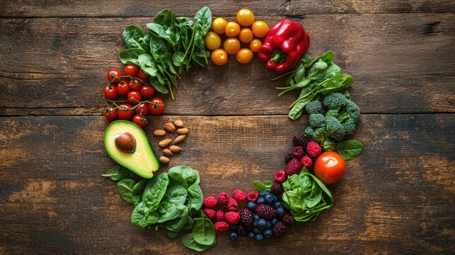 A vibrant and colorful flat lay of a variety of fresh vegetables and fruits arranged in a circular pattern to celebrate World Vegetarian Day