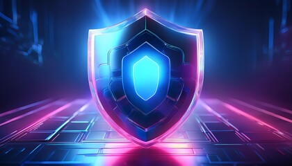 A glowing shield icon in vibrant colors, surrounded by a digital background, symbolizing protection and security in a tech environment.