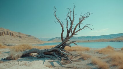 A striking dry tree stands alone by a tranquil lake, surrounded by arid landscapes and golden grasses under a clear sky.