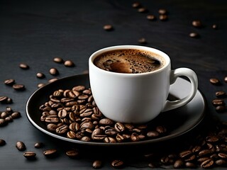 Fototapeta premium Coffee beans scattered on a sleek black background, highlighting their rich texture and deep brown color.