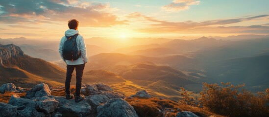 A traveler stands on a rocky peak, gazing at a breathtaking sunset over rolling mountains, showcasing nature's stunning beauty.