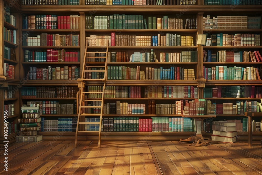 Poster a warm library features wooden shelves stacked with textbooks and academic literature, inviting stud