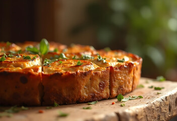 Delicious baked dish with golden crust, topped with herbs and cheese, resting on rustic wooden...