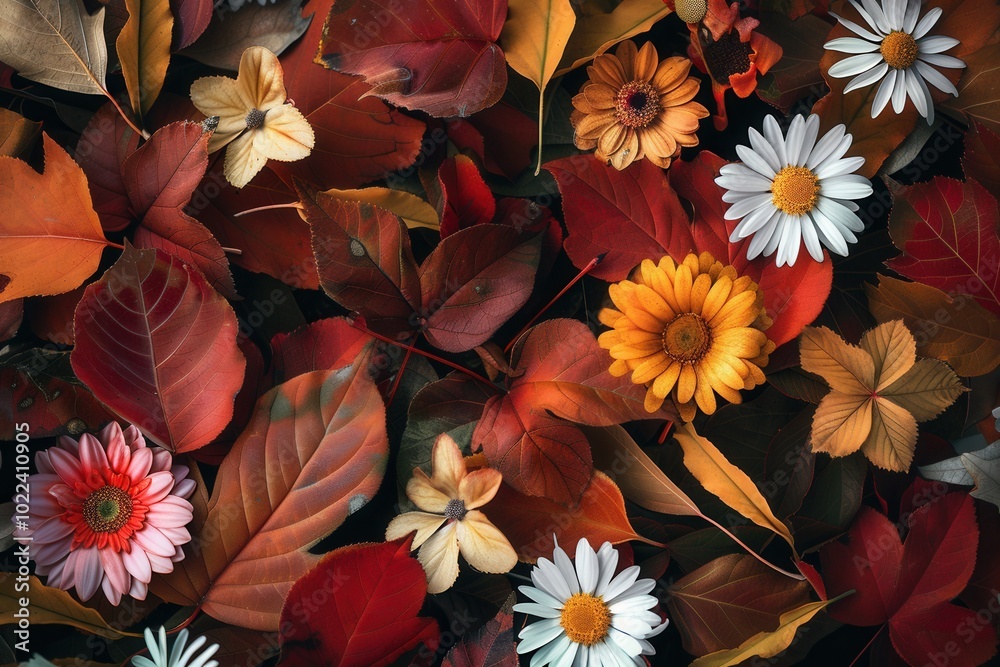 Poster A colorful assortment of autumn leaves and flowers showcases warm hues, celebrating the vibrant beauty of the fall season. Generative AI