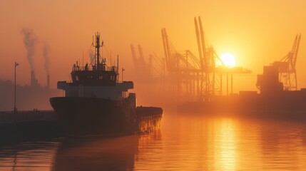 Fototapeta premium A Cargo Ship at Sunset with Industrial Structures in the Background