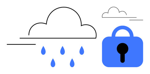 Clouds raining with a blue padlock symbol highlight themes of data security and cloud storage in a clean, minimalist style. Ideal for technology, cybersecurity, cloud computing, data protection