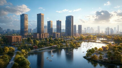 Naklejka premium Modern Skyscrapers Overlooking a Serene Lake and Park in a Cityscape
