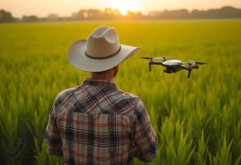 man in cowboy hat operates drone over lush green field during sunset, showcasing blend of technology and agriculture. scene captures moment of innovation in farming