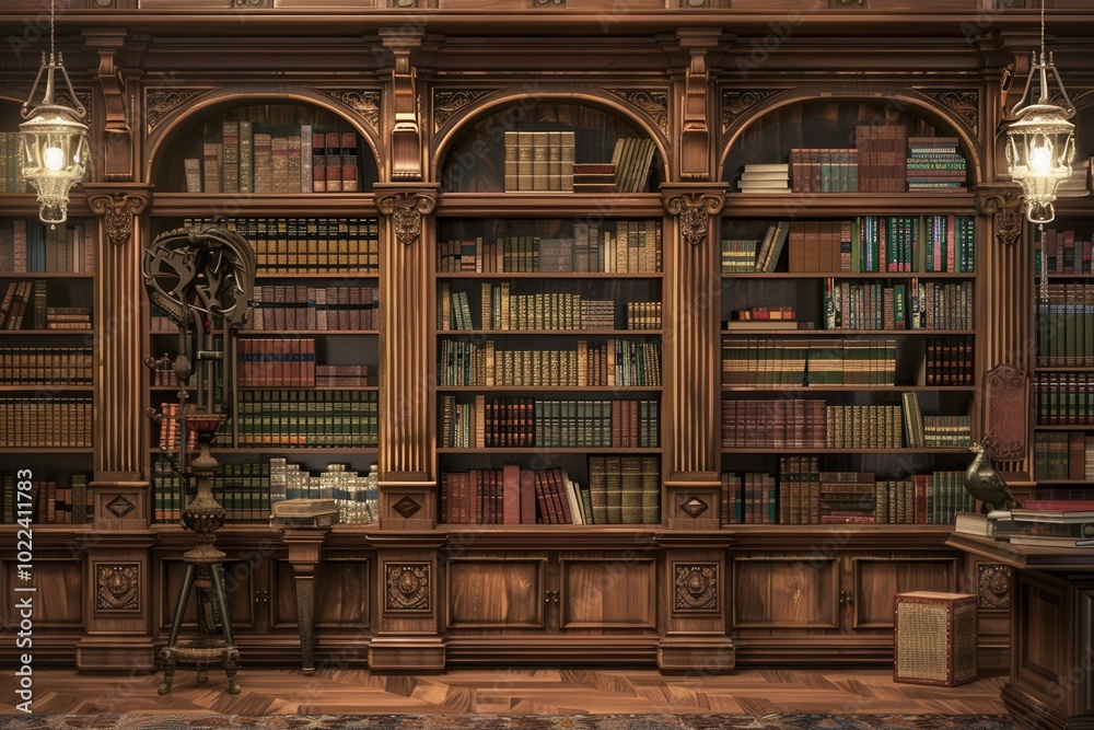 Aufkleber wooden shelves gracefully display an extensive collection of textbooks and academic literature, crea