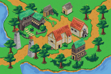 Isometric Fantasy Castle Video Game Map Vector Illustration