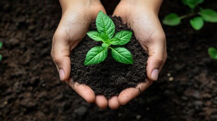 A pair of hands cradle a young green plant with soil, symbolizing growth, nature, and environmental sustainability.