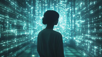 A lone silhouette stands before a wall of glowing turquoise digital code.