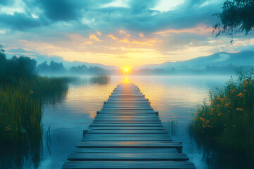 Serene sunrise over a tranquil lake with a wooden pier in a relaxing summer landscape. Wooden pier extending over calm water at sunset.