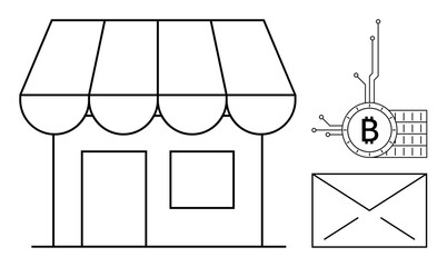 A storefront with an awning and door in a minimalist style, accompanied by a Bitcoin symbol connected to circuitry and an envelope icon. Ideal for e-commerce, retail, digital currency, technology