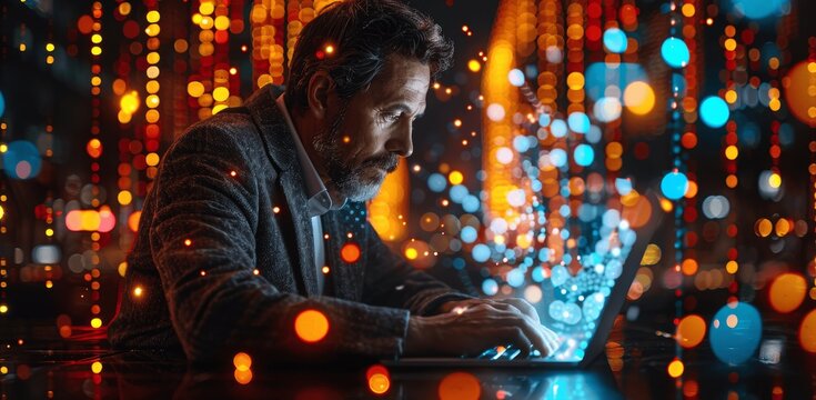 Businessman using mobile phone and laptop double exposure digital technology background data science concept customer service global network internet IT support system engineer