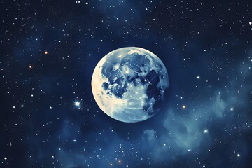 Obraz premium A luminous full moon amidst a dark, starry sky with nebulous clouds.