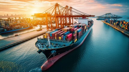 Cargo Ship Docked at a Busy Port at Sunset