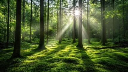 Obraz premium Sun rays pierce through the canopy of a lush forest, casting long shadows on the mossy ground.