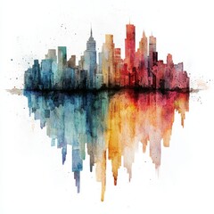 Obraz premium Watercolor painting of a cityscape with buildings that look like they are bending, on isolated white background