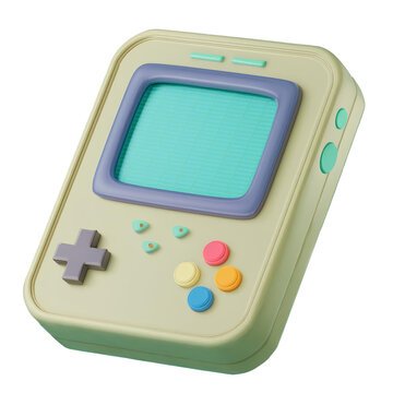 A retro handheld gaming console with colorful buttons, 3D illustration
