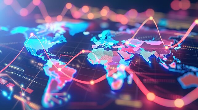 Close-up of a digital screen showcasing a world map with highlighted countries and trade routes, The display features a rising graph. tariff impact,trade barrier impact,protectionism impact