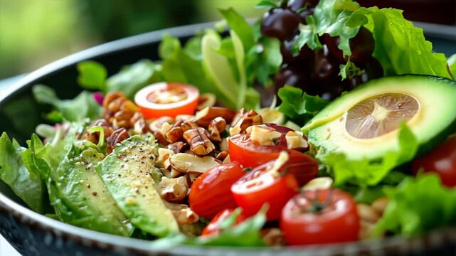A close-up of a nutritious salad bowl filled with leafy greens, avocado slices, cherry tomatoes, and nuts, highlighting a balanced and colorful meal	