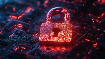 Glowing Red Padlock on Circuit Board