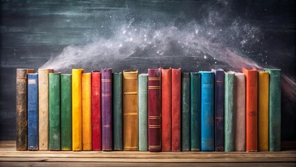 Naklejka premium A row of well-worn books on a wooden surface with a dusting of particles against a dark background, representing the passage of time and the enduring nature of knowledge