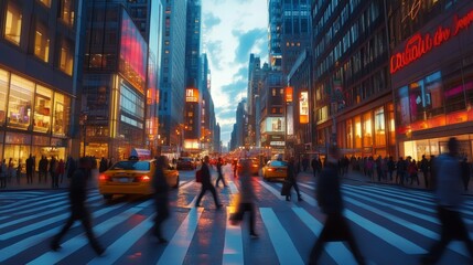 Fototapeta premium Busy City Street at Night with People Crossing a Crosswalk
