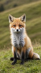 Fototapeta premium Baby fox sitting on a grassy hill background for invitation or card screensaver