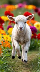 Obraz premium Baby lamb hopping through colorful flowers background for invitation or card screensaver