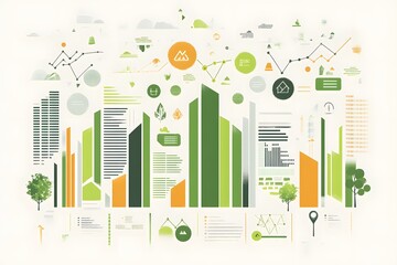Abstract Green and Orange Cityscape with Geometric Shapes and Data Visualizations