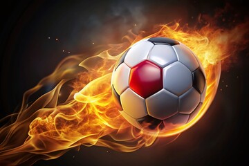 Fototapeta premium Flying Flaming Soccer Ball with Japan Flag in Macro Photography for Sports Enthusiasts