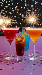 Colorful cocktail glasses with sparklers and confetti background for invitation or card screensaver