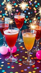 Colorful cocktail glasses with sparklers and confetti background for invitation or card screensaver