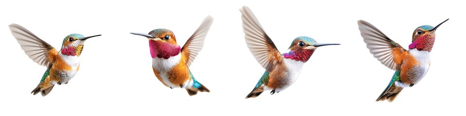 Fototapeta premium tiny hummingbird hovering with wings blurred, isolated on white background