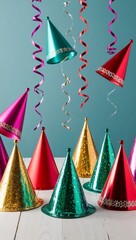 Festive hats and streamers floating above table background for invitation or card screensaver